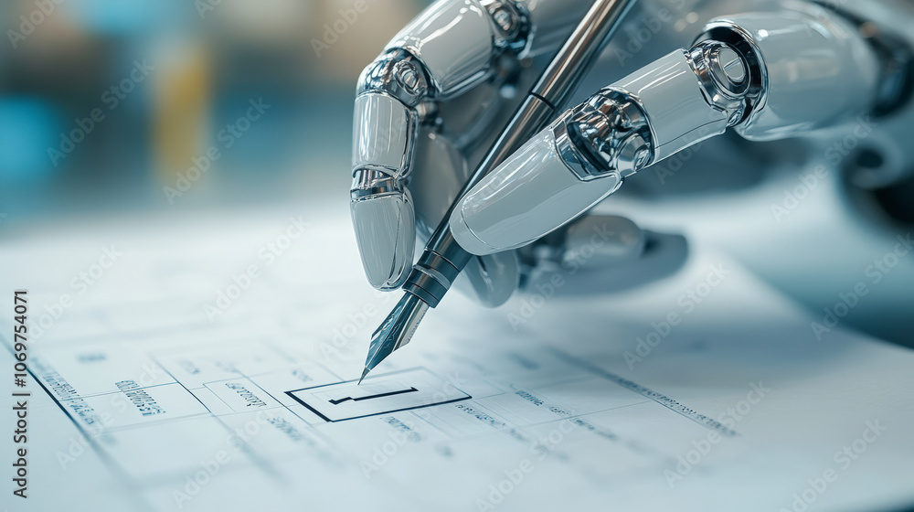 Poster a robotic hand is writing with a pen on a document, illustrating advanced technology and automation 