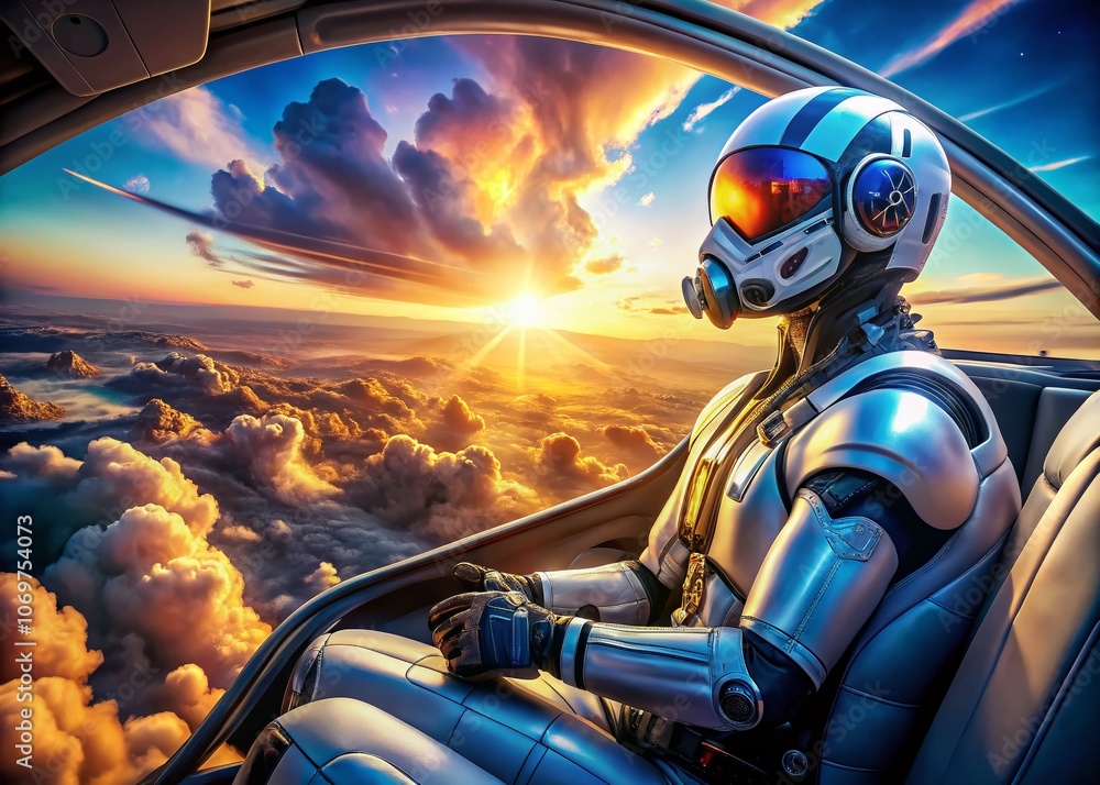 Poster futuristic robotic pilot operating an advanced aircraft in a stunning panoramic view of the sky, sho