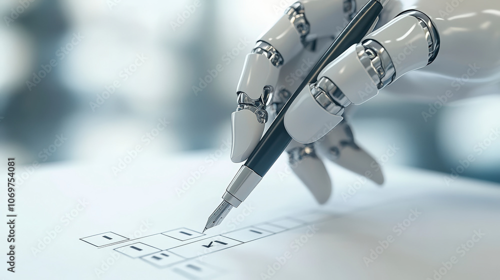 Poster a robotic hand is writing with a pen on paper, illustrating the interaction between technology and t