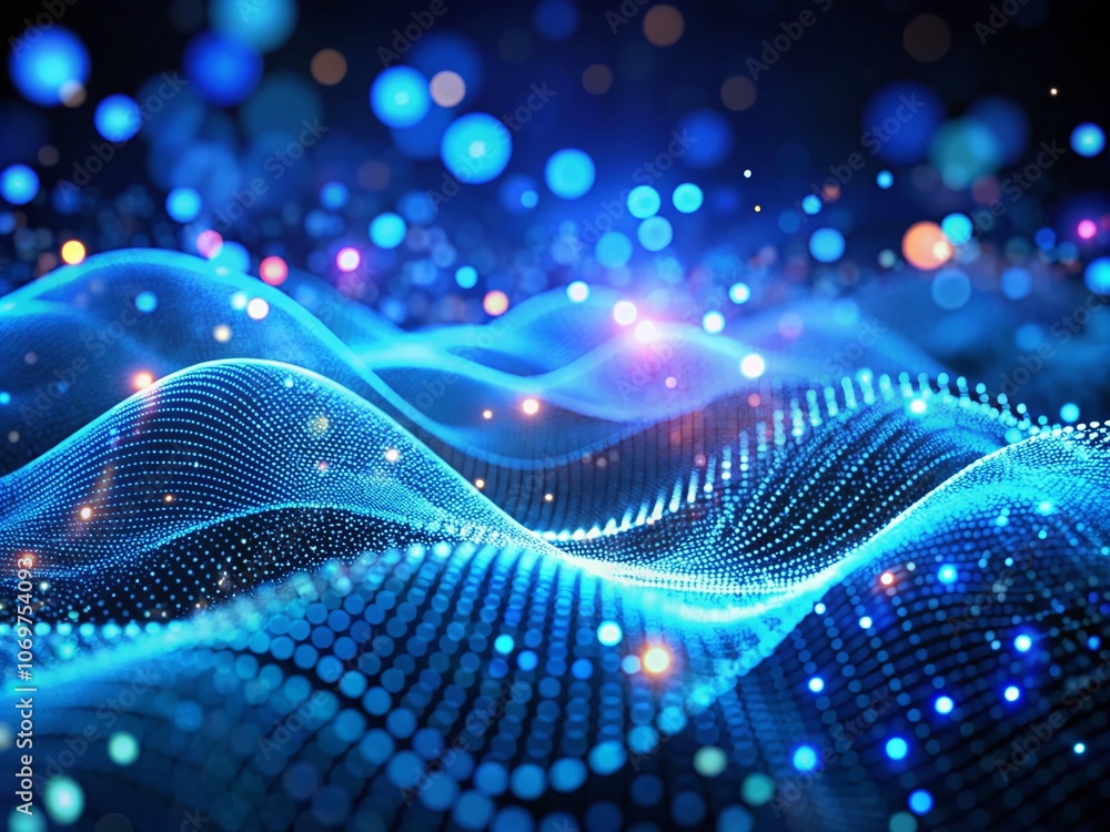 Poster futuristic technology abstract: motion digital waves of glowing blue dots and defocused particles cr