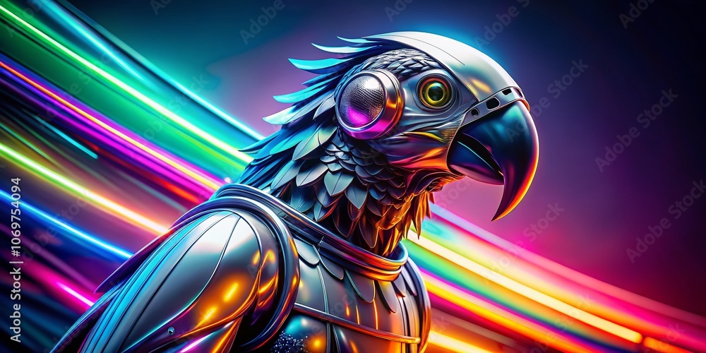 Poster futuristic silver metallic parrot character in long exposure with vibrant colors against a gradient 