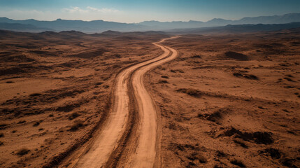 A dirt road winds through a desert