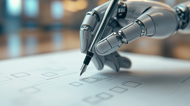 A robotic hand holds a pen, illustrating artificial intelligence engaging in design or drafting work on a piece of paper with geometric shapes.