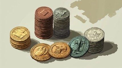 Stacked Coins with Various Designs and Textures