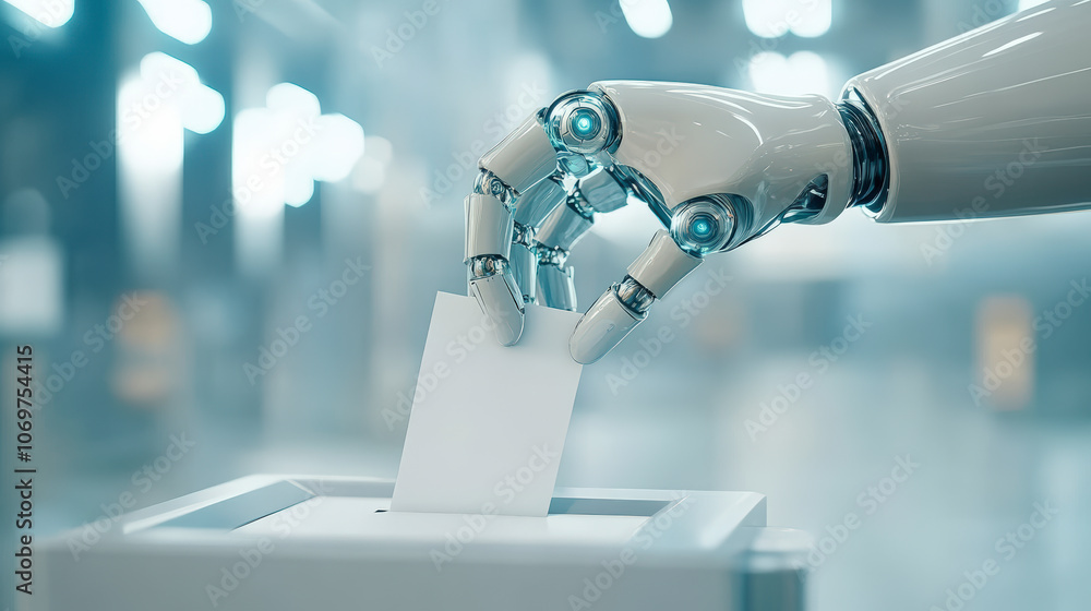 Poster a robotic hand inserts a piece of paper into a ballot box, symbolizing the intersection of technolog