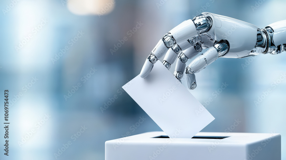 Poster a robotic hand casts a ballot into a box, symbolizing the intersection of technology and voting in m