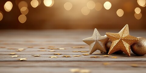 Golden Christmas Stars on Wooden Background with Bokeh Lights