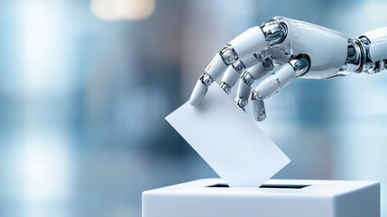 A robotic hand casts a ballot into a box, symbolizing the intersection of technology and voting in modern democratic processes.