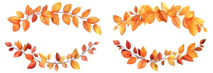 Autumn leaves border garlands set, isolated on transparent background, png elements collection. Colorful orange and yellow fall leaves