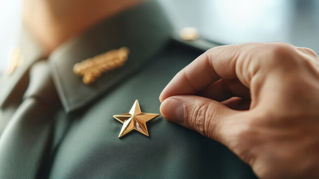 A hand is pinning a gold star on a military uniform, symbolizing rank or achievement in a formal setting.