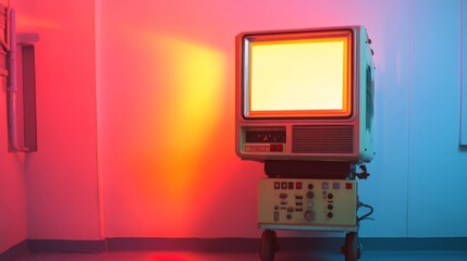 A vintage overhead projector sit on a roller cart lighting a wall ready to show overhead projection transparencies Overhead projectors were often used in school, business before digital projection