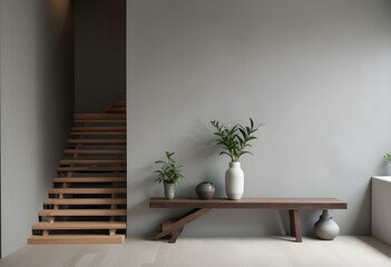 A minimalist interior with a wooden bench or shelf, featuring a vase with white flowers and other decorative elements against a plain white wall. The image has a serene and calming atmosphere.