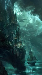 Obraz premium A Dark and Stormy Cityscape: A Fantasy World of Gothic Architecture and Ships