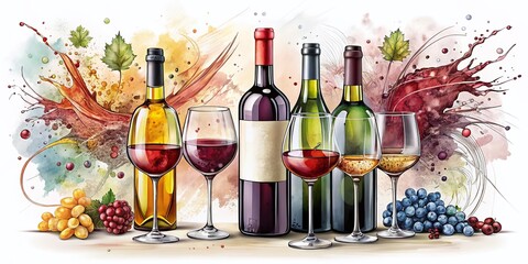 Hand-Drawn Collection of Wine Glasses and Bottles with Splashes for Invitations, Menus, and Advertising Banners – Perfect for Wine Enthusiasts and Designers
