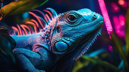 Fototapeta premium High Definition Iguana Photo with Colorful Neon Glow Image