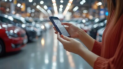 Woman using smartphone app choosing car in dealership showroom, browsing vehicles on mobile phone