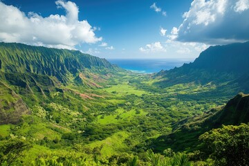 Stunning panoramic view of kauai's lush na pali coast state park in hawaii