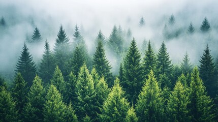 Fototapeta premium Misty forest landscape showing evergreen trees emerging from fog