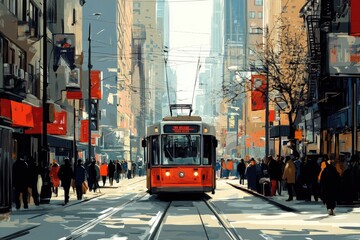 Red tram passing on a city street with people walking