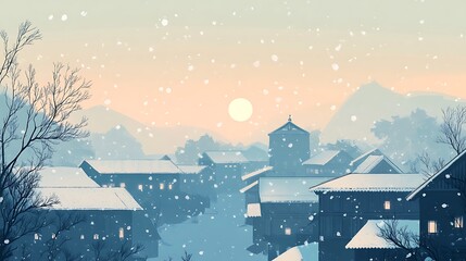 Snowy Village Landscape with a Sunlit Sky