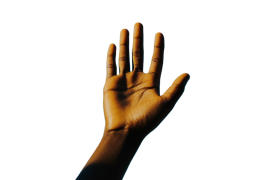 A dark-skinned hand extended against a bright blue background