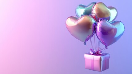 Fototapeta premium Heart shaped balloons lifting gift box on purple background