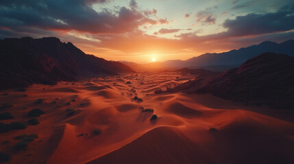 Fototapeta premium A desert landscape with a sun setting in the background