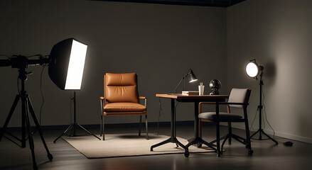 Professional Interview Setup Mock-Up with Microphone, Tripod Camera, and Spotlight on a Plain Background