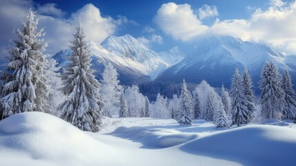 Fototapeta premium Majestic snow-covered pines overlooking a serene winter wonderland in the mountains