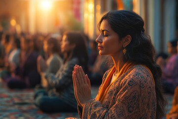 Indian woman praying with joined hands in temple with devotees at sunset
