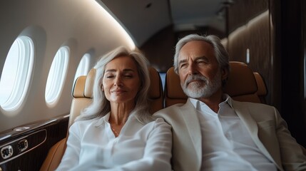 Senior couple relaxing in first class of private jet feeling comfortable