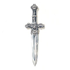 Watercolor illustration of a silver dagger with an ornate handle.