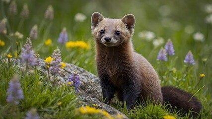 Fototapeta premium Spring Harmony: A Pine Marten and the Blossoms