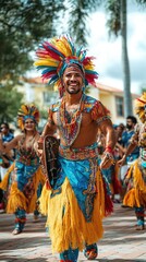 Fototapeta premium Smiling male dancer with colorful headdress performing traditional dance in street parade