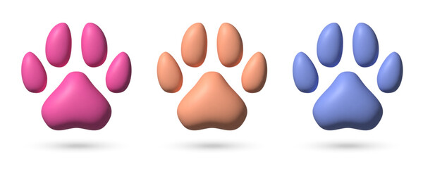 3d paw icon collection. Different color realistic pet footprint isolated on white background
