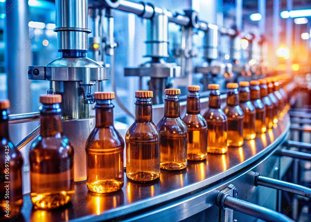 Poster high-tech pharmaceutical production line in action: sterile bottling process with bokeh effect for a