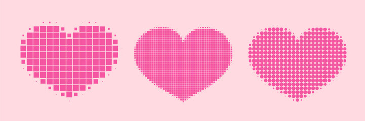 Halftone pink pixel heart shapes set. Love design elements collection