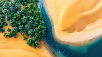 Aerial View of Desert Oasis with Palm Trees
