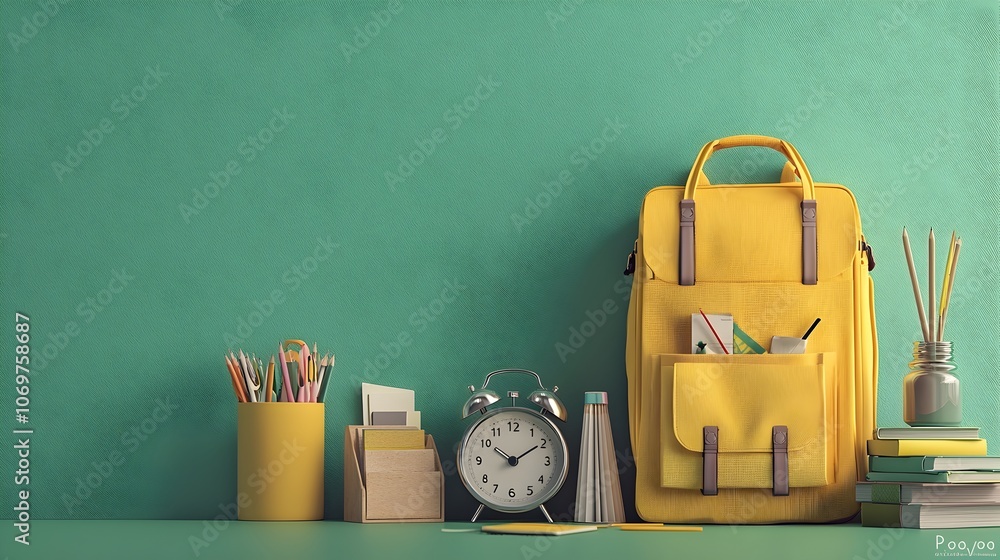 Poster a 3d rendered image showcasing a yellow backpack alongside an old fashioned alarm clock and various 