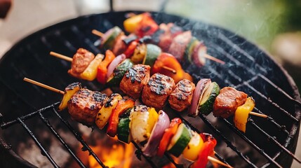 Closeup of Grilled Meat and Vegetables on Skewers