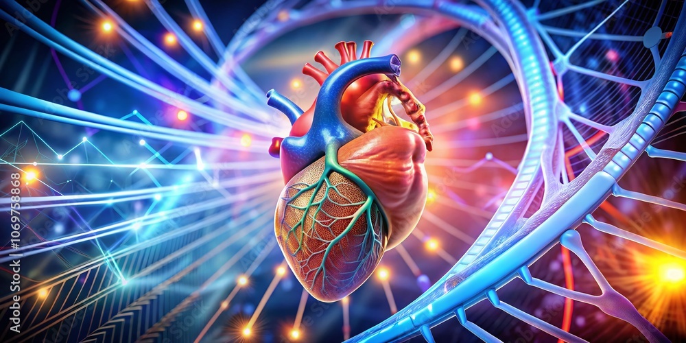 Poster human heart anatomy 3d illustration with abstract dna background highlighting the intricacies of car