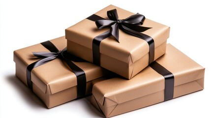 Three neatly wrapped gift boxes in brown paper with black ribbons, stacked elegantly for a special occasion or celebration.