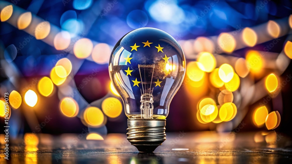 Poster illuminating ideas: a conceptual image of a light bulb with the european flag in a bokeh background,