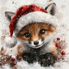 Adorable fluffy fox kit wearing santa hat with big eyes embracing warm holiday spirit in winter wonderland