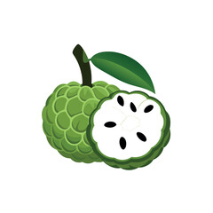 Sugar apple or custard apple with green leaves, isolated on white background