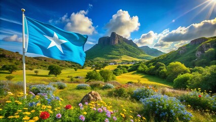 Illustration of Somalia Waving Fabric Flag in a Vibrant Landscape Setting with Blue Sky and Lush Green Hills, Emphasizing National Pride and Cultural Identity in Nature