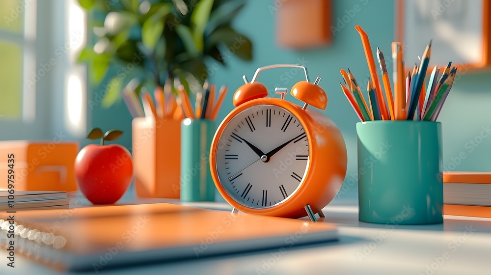 Poster a close up 3d depicting an orange alarm clock with a red apple and neatly arranged school supplies a