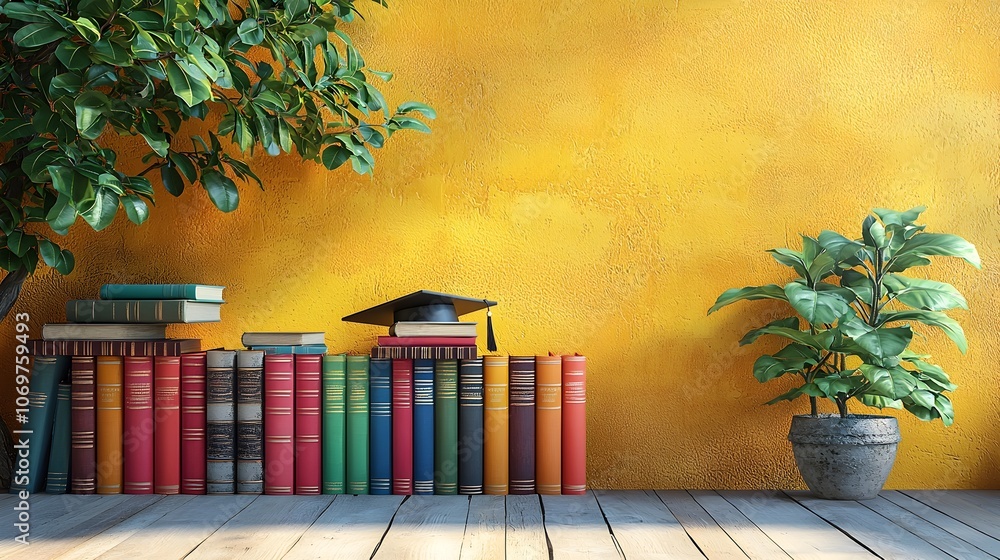 Poster a cheerful arrangement of colorfully stacked books with a graduation cap resting on top positioned a