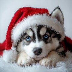 Adorable fluffy husky puppy in santa hat with piercing blue eyes sitting softly in winter wonderland