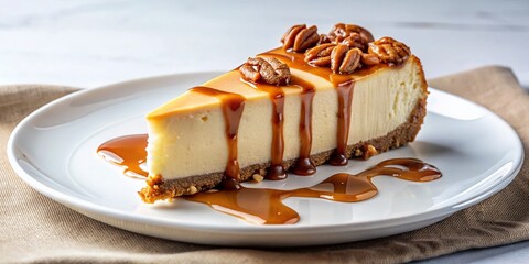 Indulgent Turtle Cheesecake Slice with Pecans and Drizzled Caramel on a Minimalist White Plate, Perfect for Dessert Lovers and Food Photography Enthusiasts